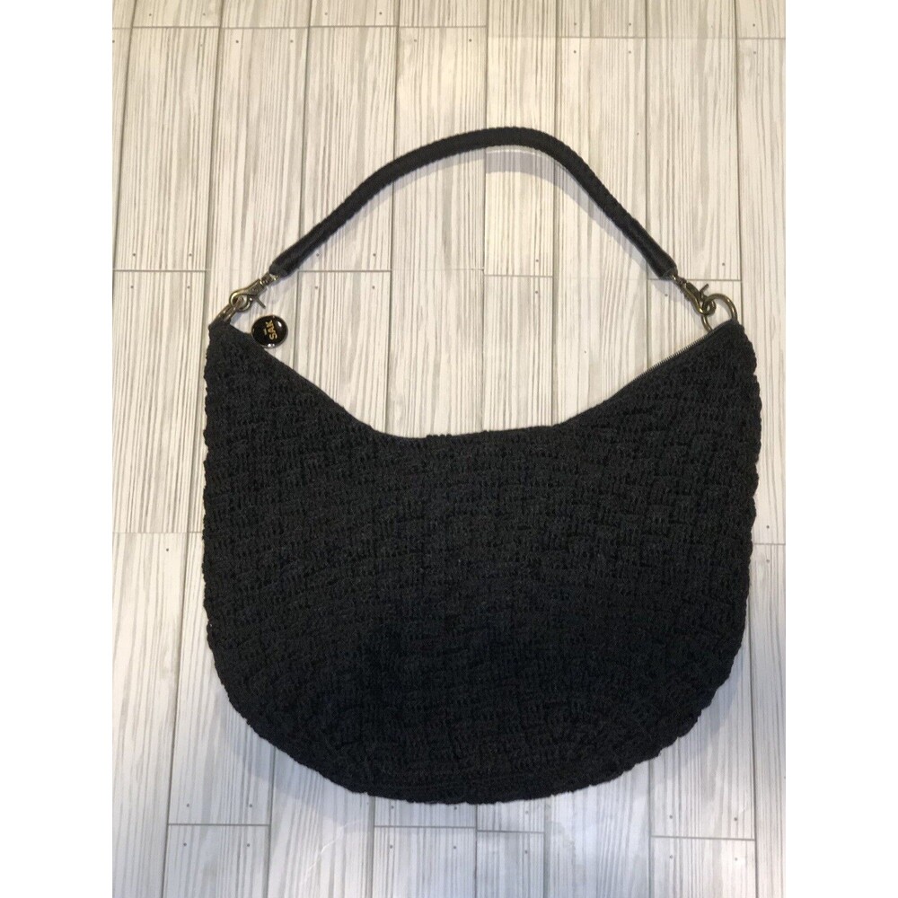 The SAK Black Crochet Purse Boho Hippie Handbag Zip Closure Removable Strap